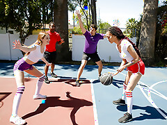 Julie Kay and Maya Kendrick are playing basketball with their dads. They are trying to coach their daughters, hoping that they will get good enough to earn some scholarship money.  The girls inform them that they actually don't know how to play, and they really just slept with their coach to get an A in gym class.  They offer to show their dad exactly what it is they learned in high school, starting with blow jobs. The dads fuck them while the girls play with each other.video